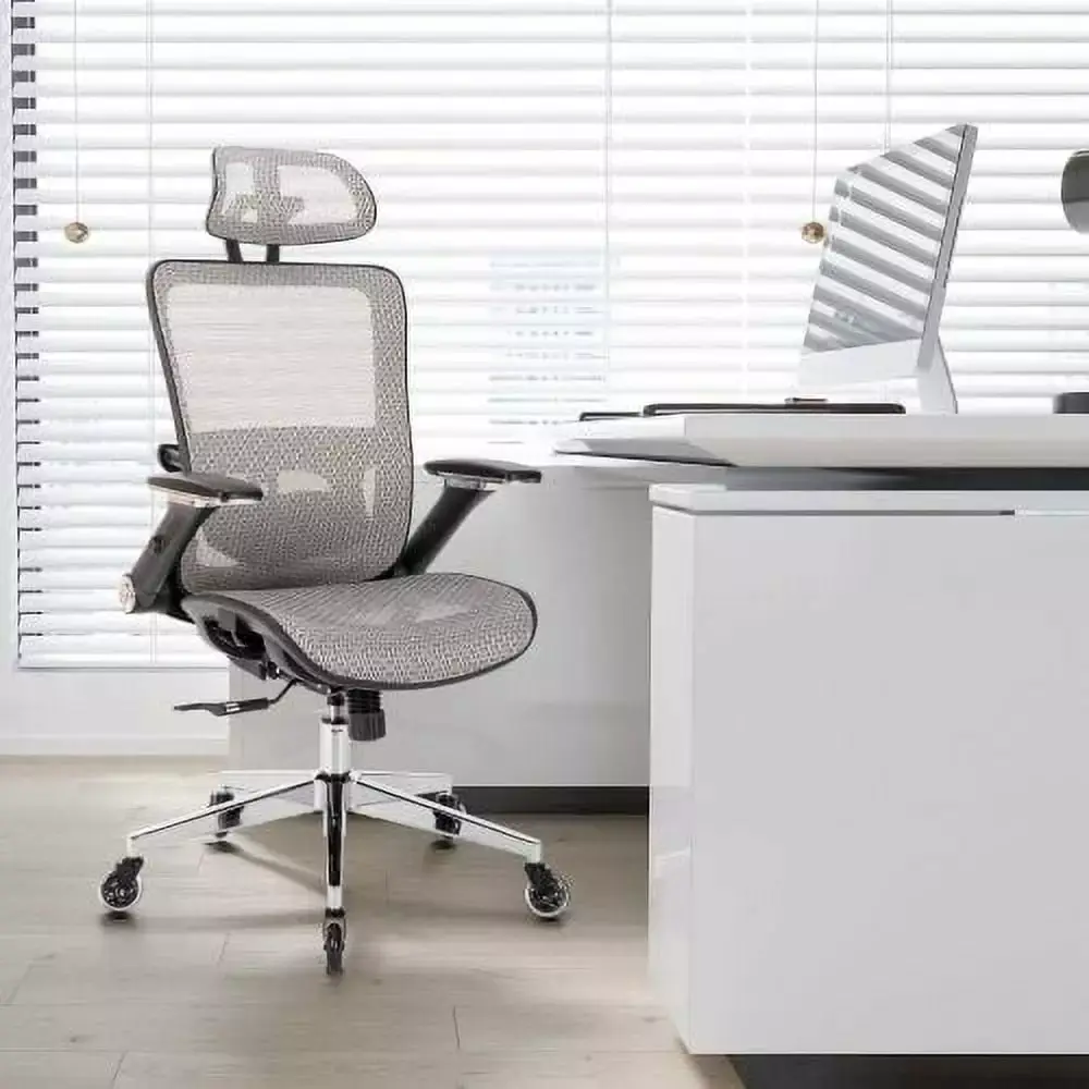 Zoeye Gray Ergonomic Mesh Office Chair High Back Adjustable Headrest Flip-Up Arms Tilt Lock Lumbar Support Blade Wheels KD Chrome Metal Leg