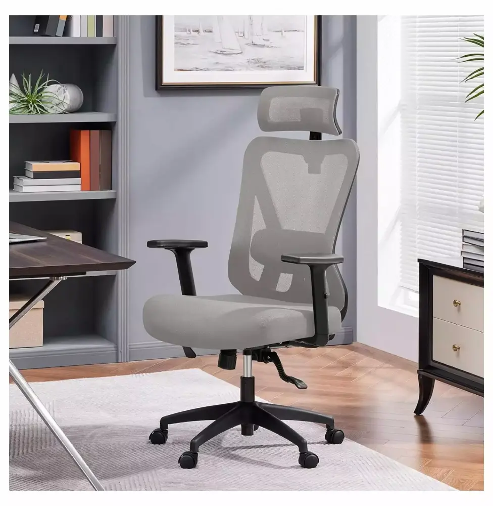 ZZYY Ergonomic Office Chair with Adjustable Headrest Lumbar Support and Flip-Up Armrests Light Gray