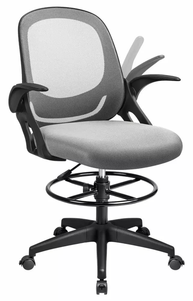MAQING Drafting Chair Tall Office Chair with Adjustable Footrest Ring and Up Armrests Ergonomic Executive Computer Standing Desk Chair Gray