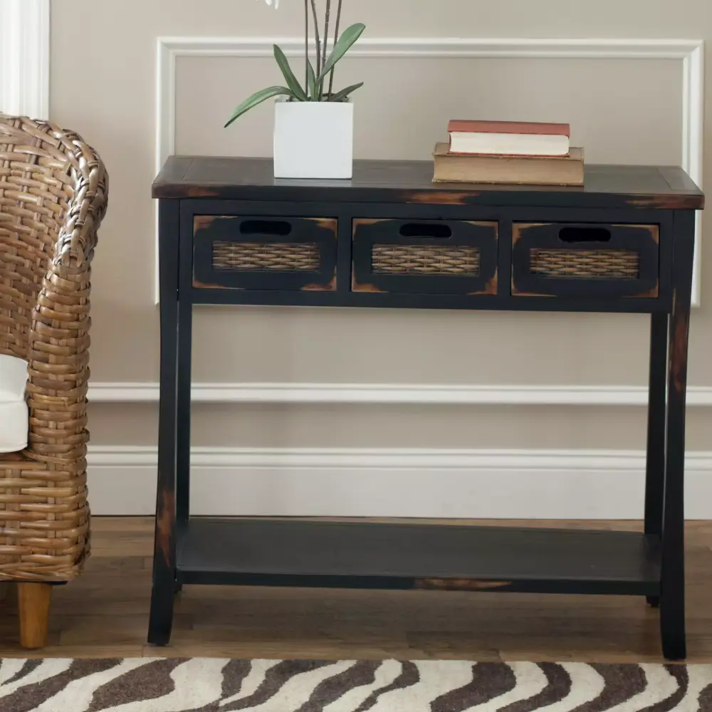 SAFAVIEH Lucas Duo X-Back 2 Tier Low Etagere in Distressed Black - Modern Console Shelf