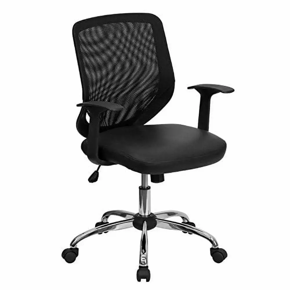 A Line Furniture Crant Black Mesh Swivel Adjustable Office Chair with Leather Seat
