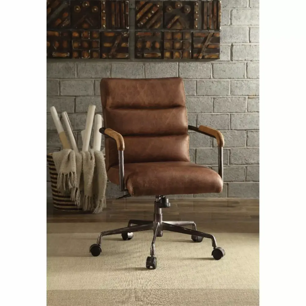 Benjara Metal & Leather Executive Office Chair in Antique Brown Retro Style for Modern Office