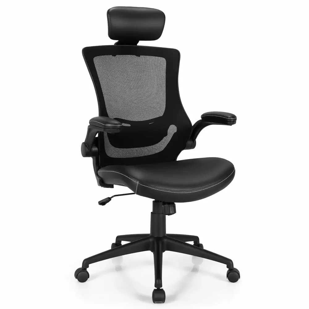 Costway Mesh Back Office Chair with Flip Up Arms and Leather Seat