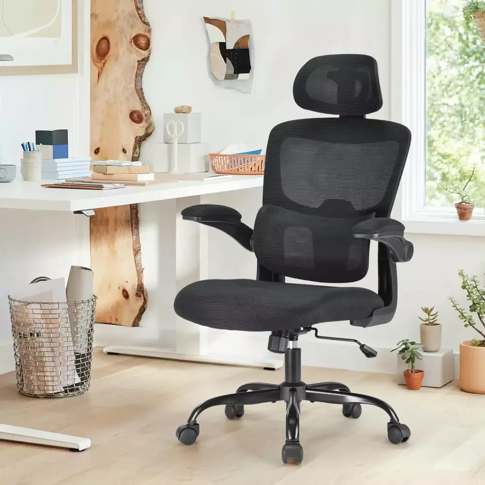 Office Chair High Back Ergonomic with Adjustable Lumbar Support and Flip-Up Armrest Dark Black with Headrest