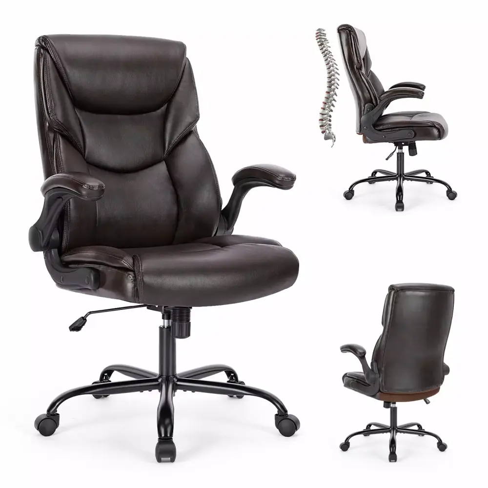 Sweetcrispy Executive Office PU Leather Desk Chair with High Back and Flip-Up Armrest