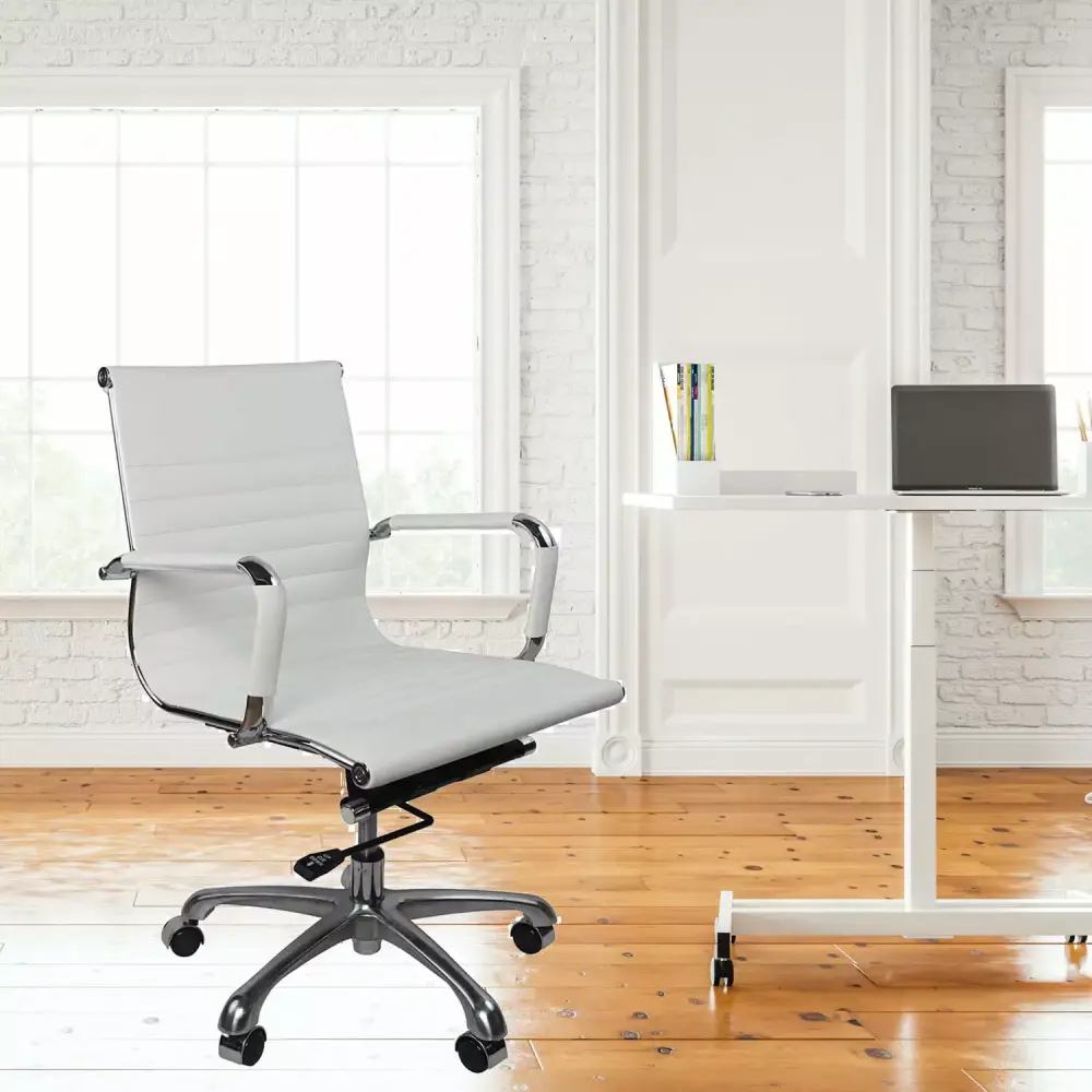 Fohfurniture White PU Leather Ergonomic Executive Office Desk Chair Mid Back Leather Adjustable Swivel