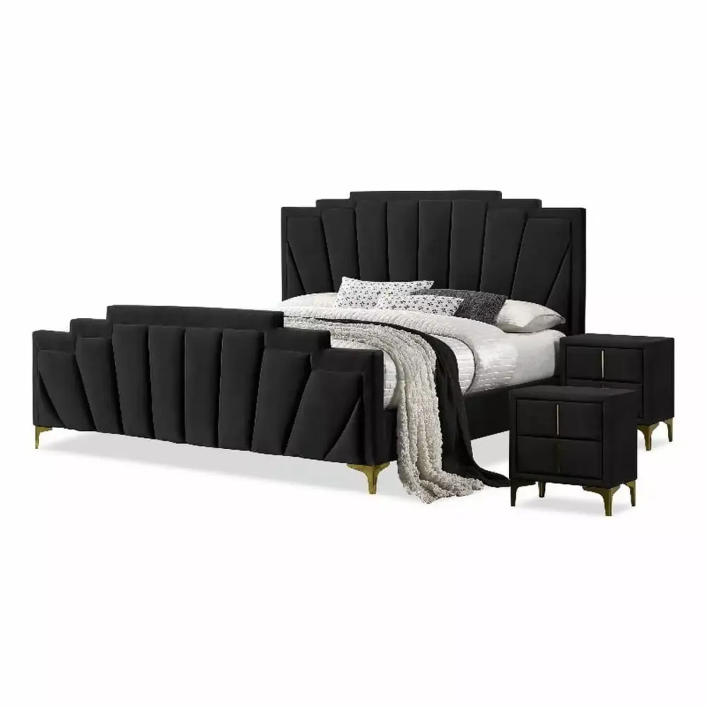 Bowery Hill 3-Piece Black Fabric Queen Bedroom Set with 2 Nightstands