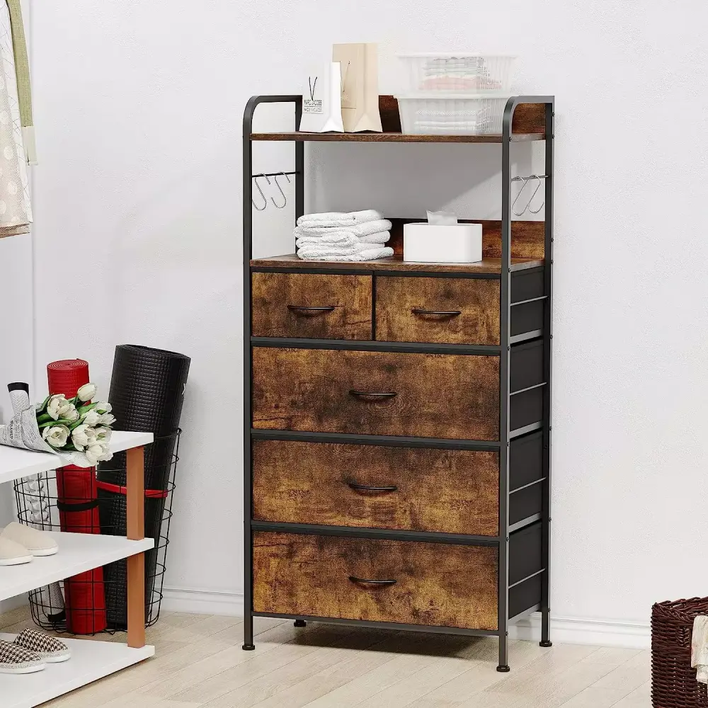 5-Drawer Dresser for Bedroom with Fabric Bins and Sturdy Metal Frame - Entryway Storage