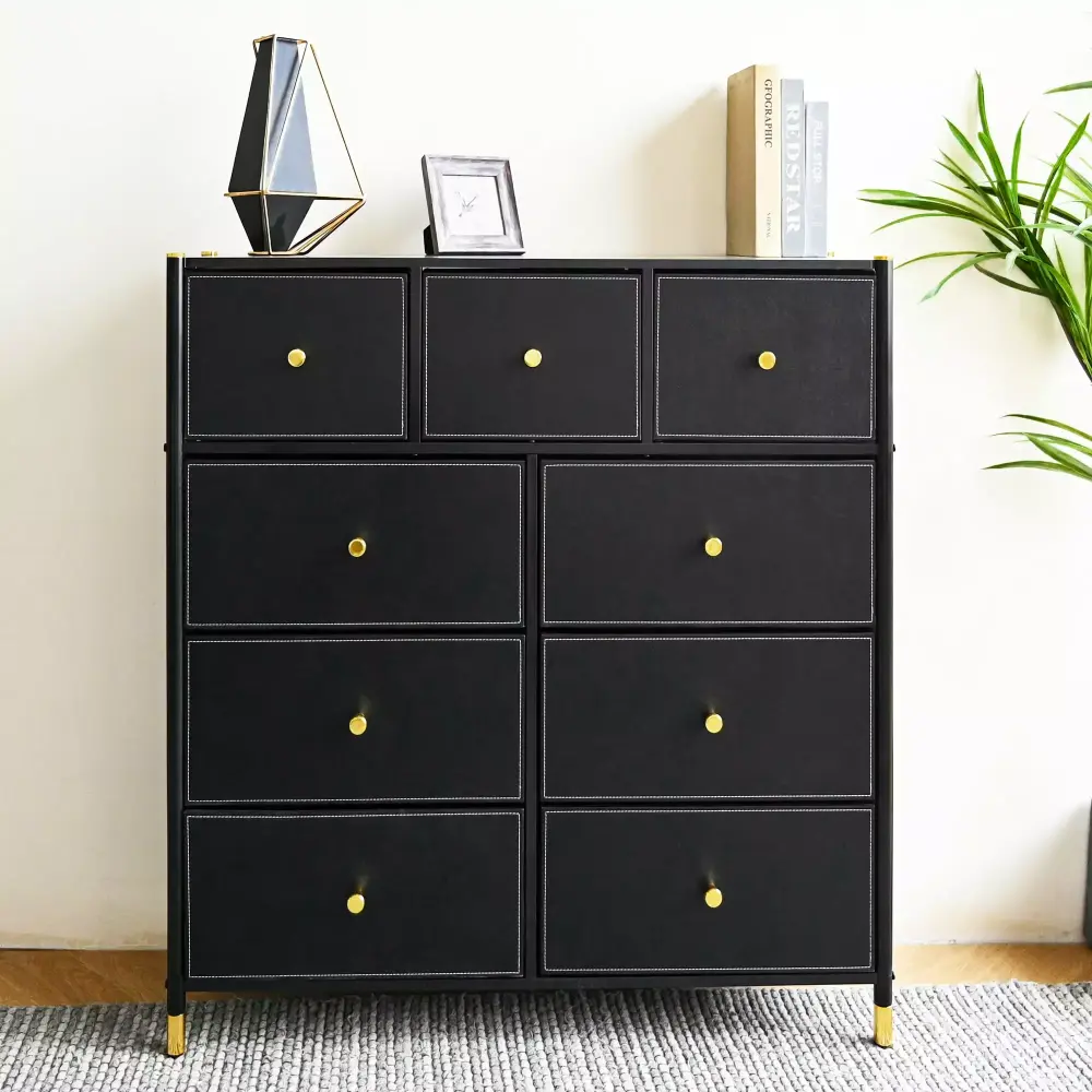 Bigroof 9 Drawers Dresser with Fabric Drawers Chest for Bedroom Closet Nursery Black