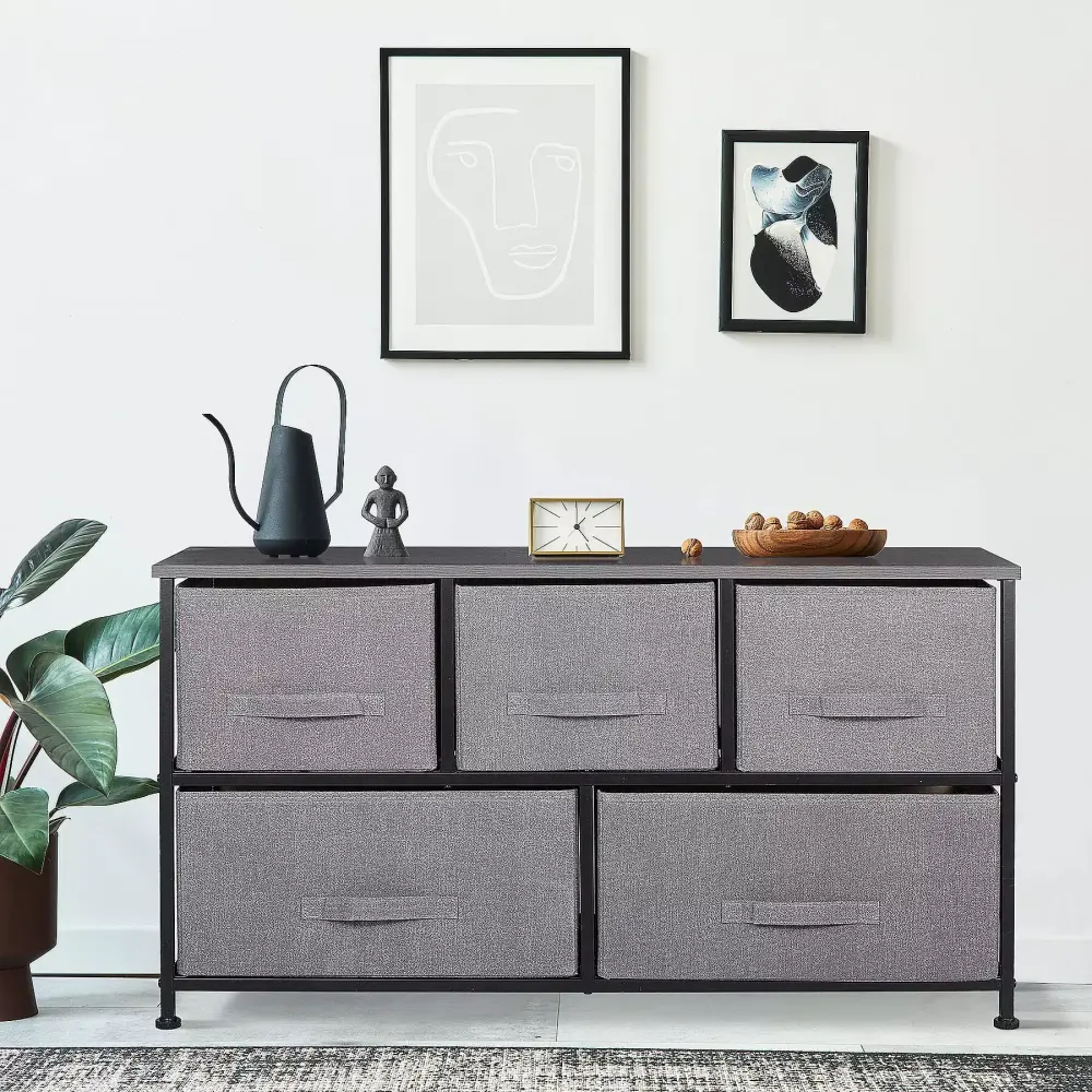 ZENY 5 Drawers Fabric Dresser Storage Tower Closet Arranger Unit in Grey