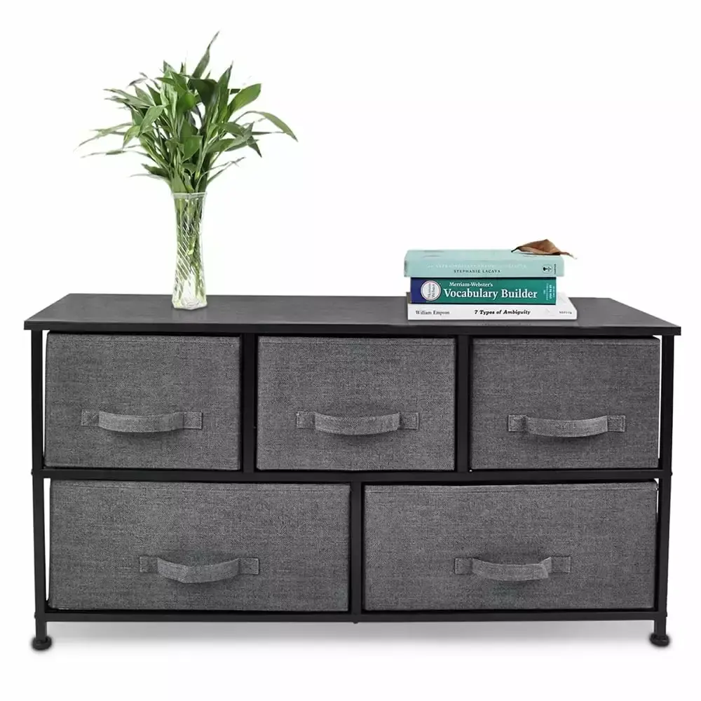 Bigroof 5 Drawer Fabric Dresser for Bedroom Storage Unit with Wood Top Sturdy Steel Frame for Closet Hallway