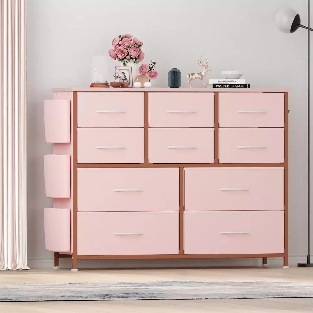 WhizMax 10 Drawer Dresser Chest of Drawers for Bedroom Fabric Storage Arranger Pink