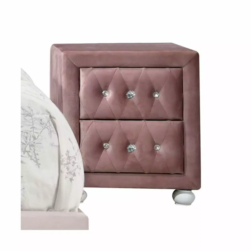 Acme Furniture Reggie Nightstand 17x17x17 Inches Pink Fabric for Bedroom