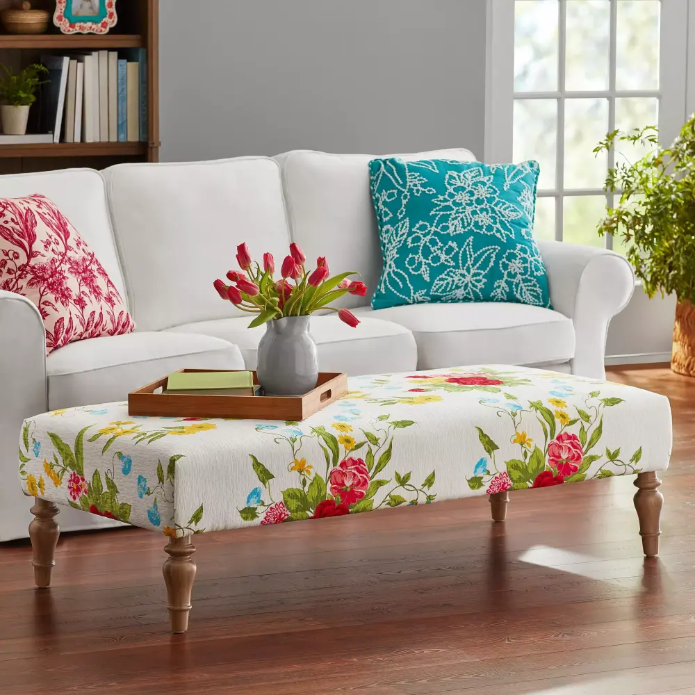 The Pioneer Woman Vintage Floral Fabric Rectangular Ottoman in White