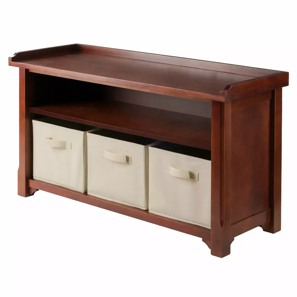Winsome Wood Verona 4-Pc Storage Bench with 3 Foldable Fabric Baskets Beige & Walnut