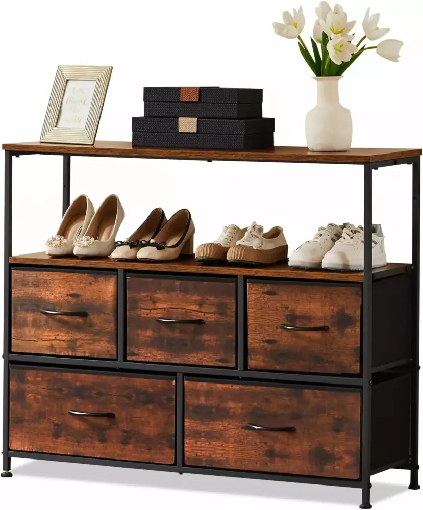 TV Stand Entertainment Center with 5 Fabric Drawers 30 Inch Tall Dresser Rust Brown