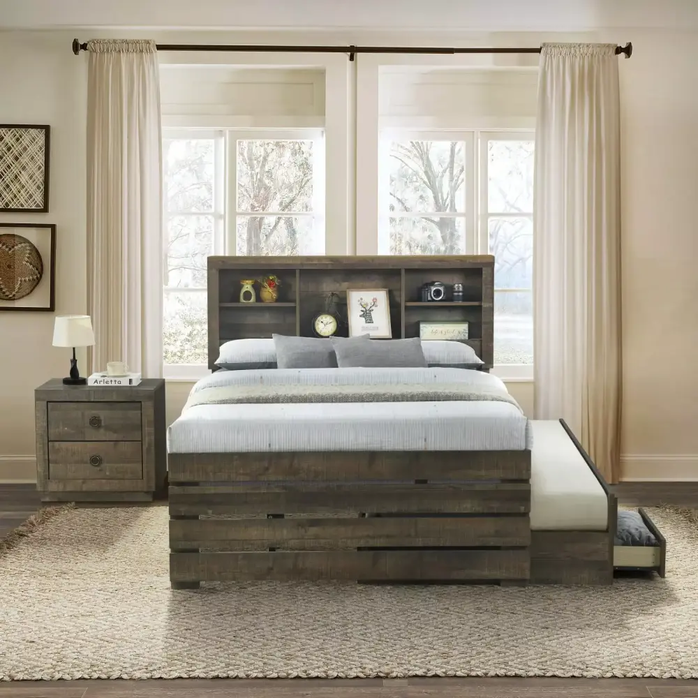 Miekor Furniture 2 Piece Farmhouse Style Twin Bookcase Captain Bed and Nightstand in Rustic Brown