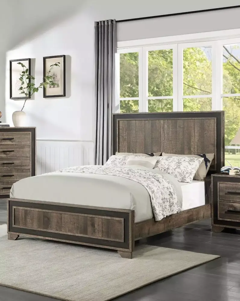 Modern Farmhouse Design Oak Finish Queen Size Bed with High Panel Headboard