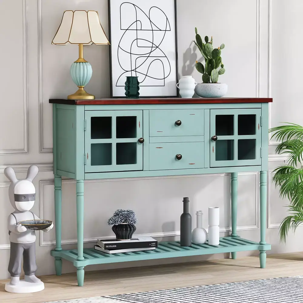 Farmhouse Kitchen Buffet Cabinet with Glass Front Cabinets and Drawers in Antique Blue
