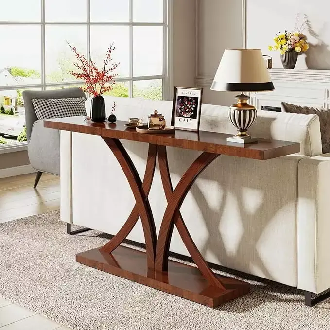 Jolly Jaunts 63 Console Table Farmhouse Wood Entryway Table with Geometric Metal Frame Industrial Accent Table
