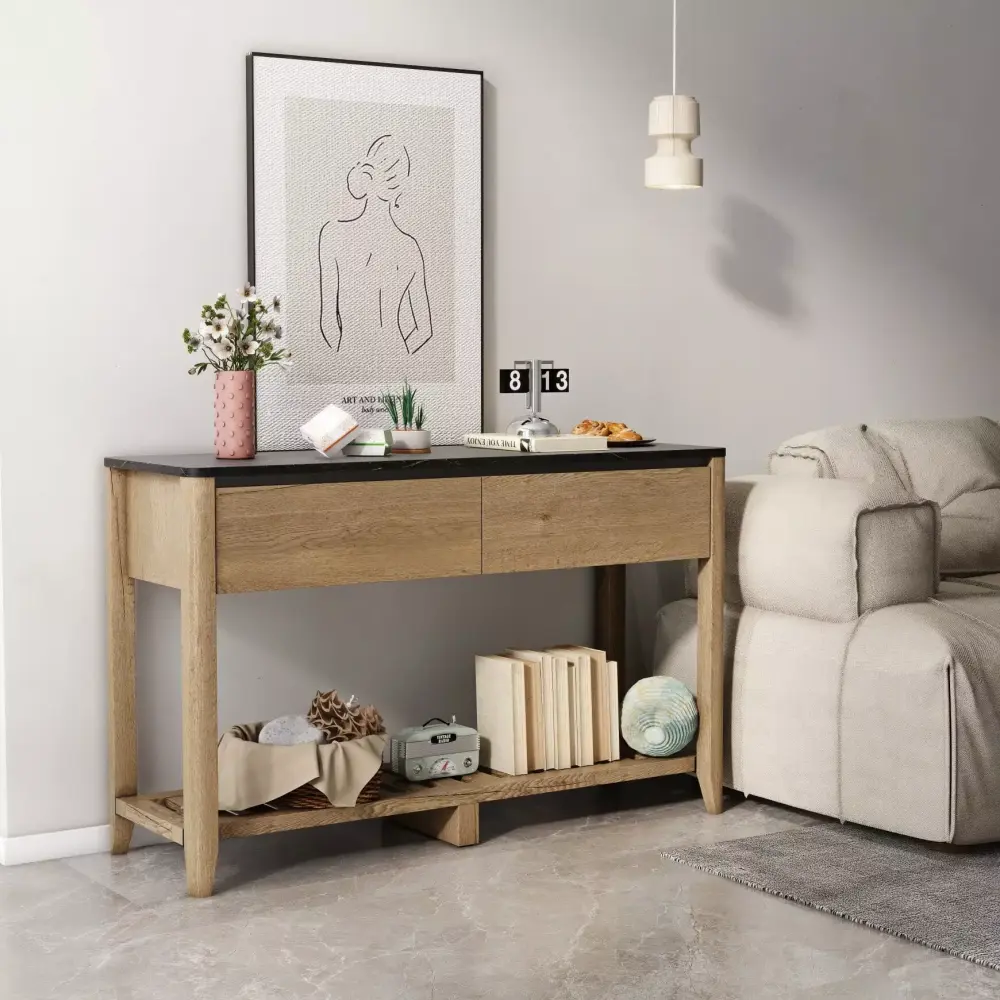 47 Modern Farmhouse Console Table with 2 Drawers in Tobacco Wood and Black Marble Texture - Natural Wood Wash