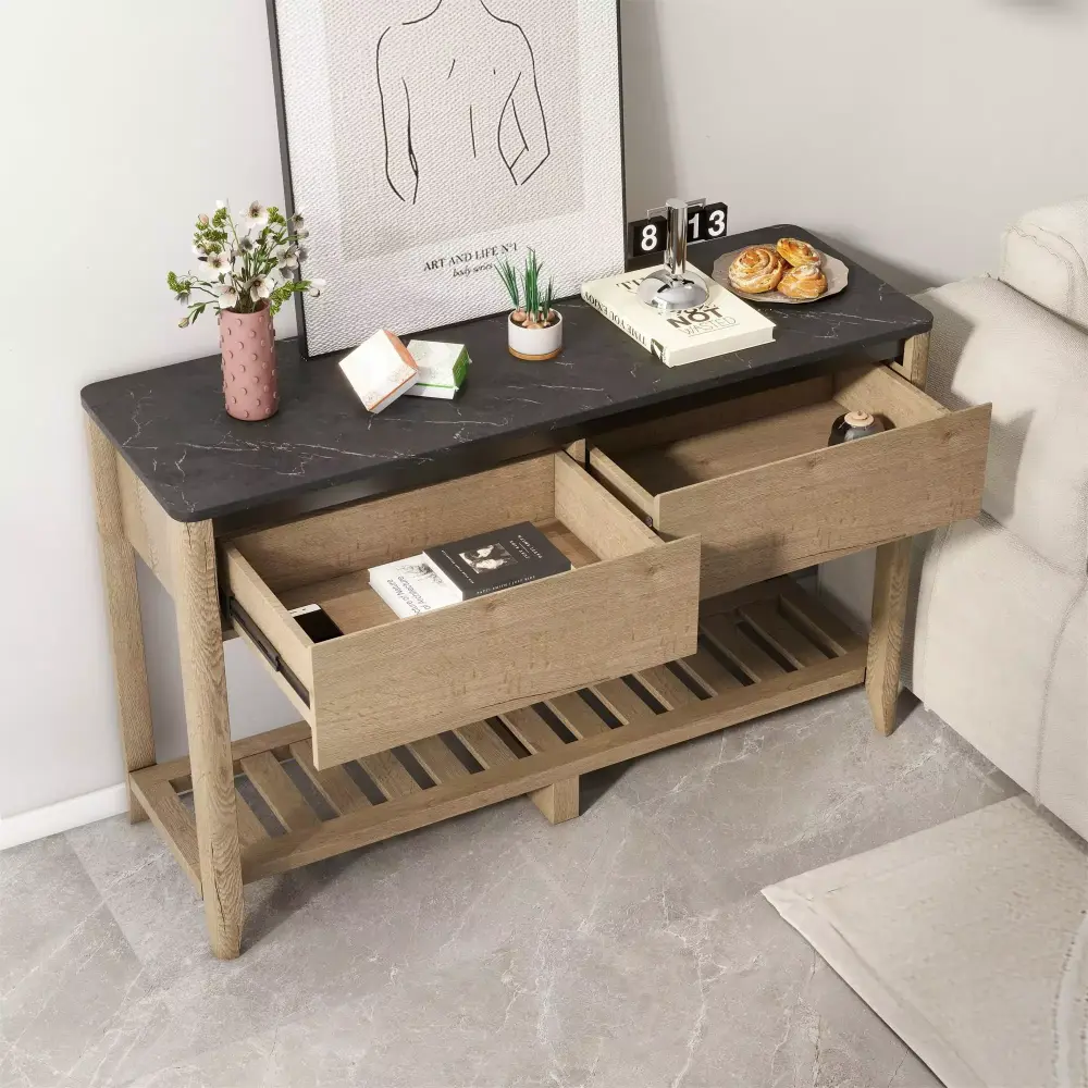 Kepooman Farmhouse Double Drawers Console Table for Living Room or Entryway Tobacco Wood and Black Marble Texture