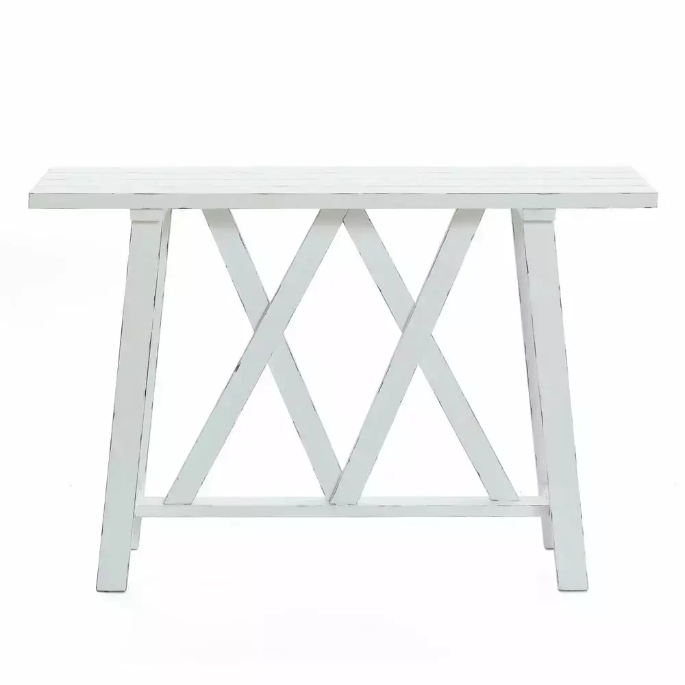 LuxenHome Farmhouse Engineered Wood Console Table in Distressed White for Entryway or Living Room