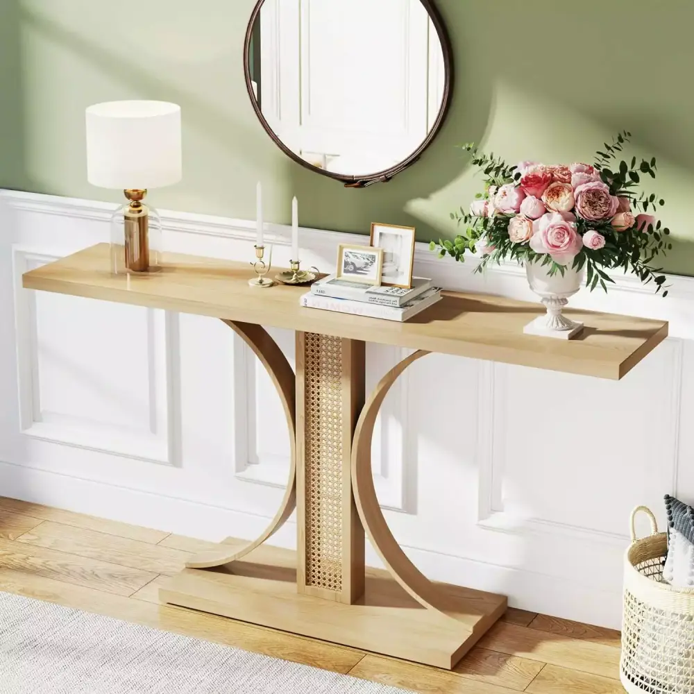 Tribesigns 55 Inch Rattan Console Table Farmhouse Entryway Hallway Table Wooden Sofa Table