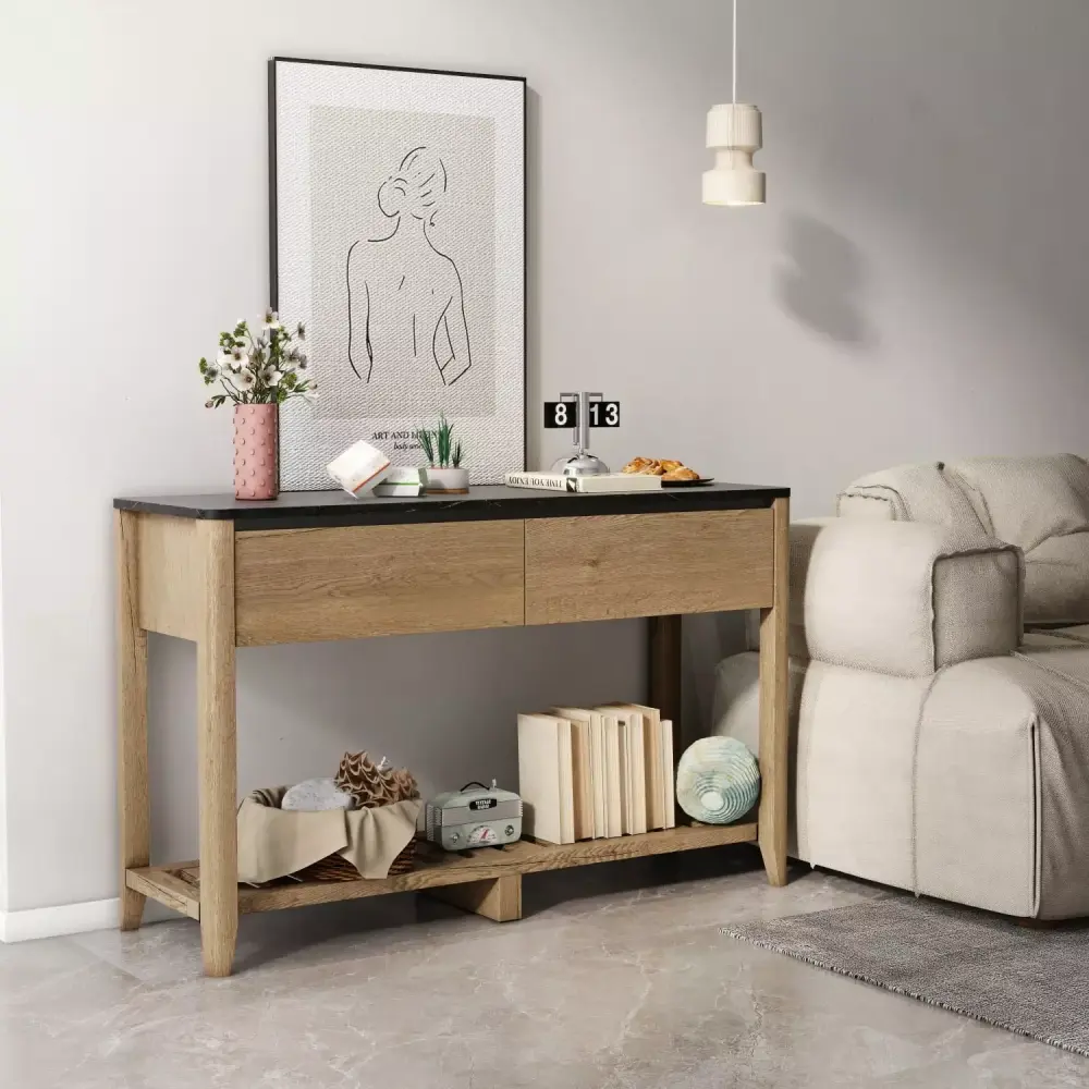 47 Inch Modern Farmhouse Console Table with Black Marble Texture Drawers