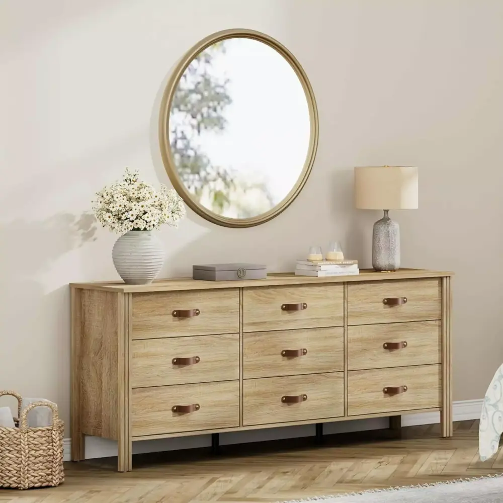 WAMPAT 62 Dresser with 9 Drawers Farmhouse Wide Chest of Drawers for Living Room Hallway Nursery Light Oak