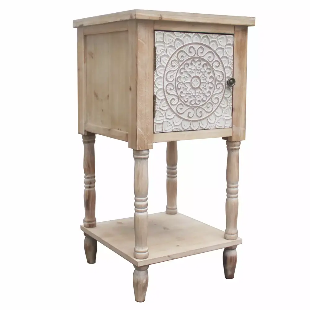 Parisloft Farmhouse Wood End Table with Cabinet and Bottom Shelf Vintage Nightstand for Living Room