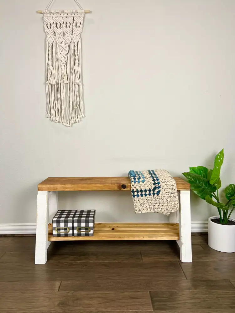 Woven Paths Farmhouse Pine Wood Storage Shelf Bench in Walnut and White 17x14x35.5 Inches