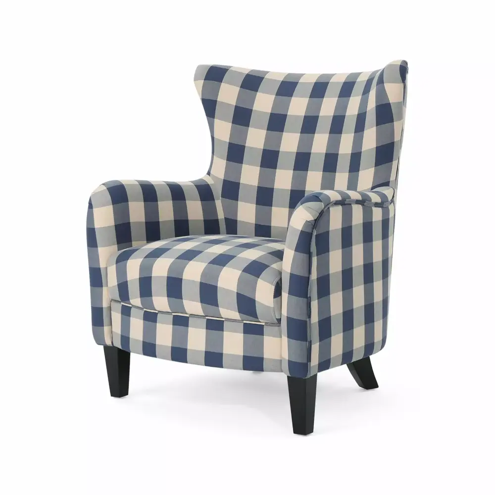Oliver Farmhoutilize Fabric Club Chair in Blue Checkerboard and Espresso