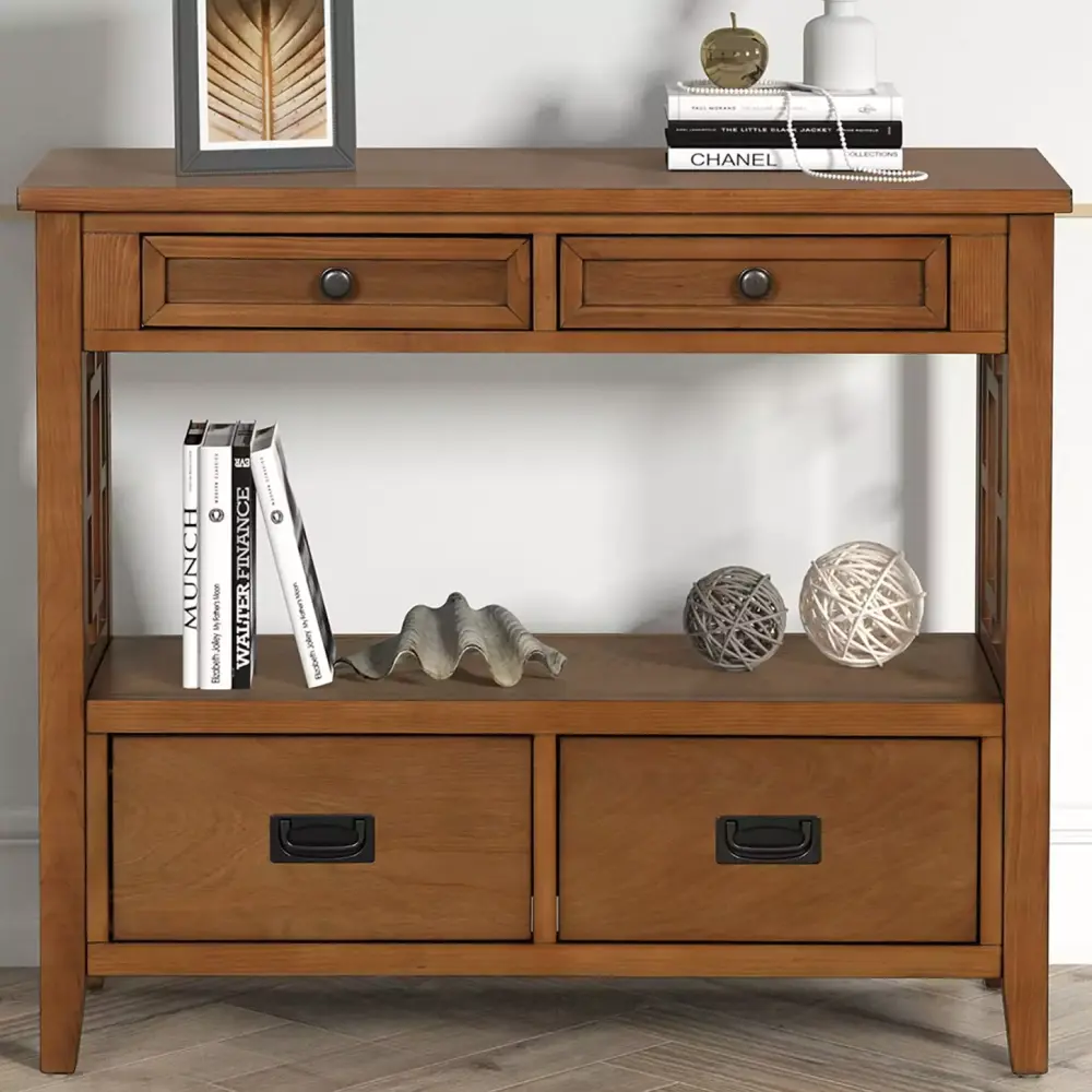 36 Inch Pine Wood Farmhouse Console Table with 4 Drawers and Shelf - Brown Retro Modern Entryway Sofa Table