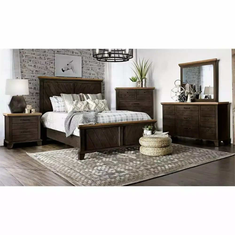 Bowery Hill Farmhouse Chocolate and Honey Brown Queen 6-Piece Bedroom Set