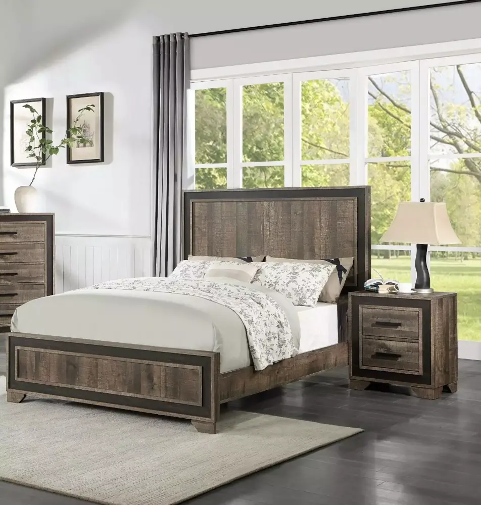 Modern Farmhouse Design Oak Finish Queen Size Bed Set with 2 Nightstands 3pc Bedroom Furniture