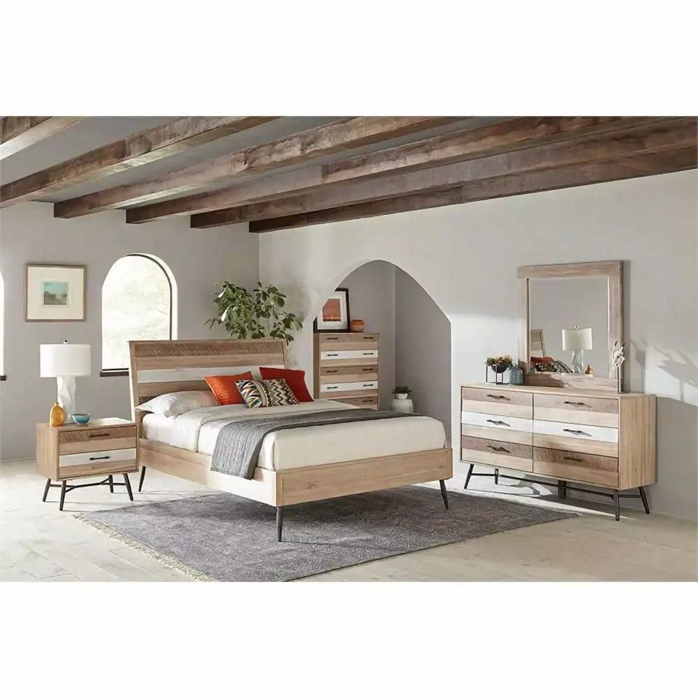 Maklaine Modern 5-Piece Farmhouse Wood Queen Bedroom Set Brown Bed Dresser Nightstand Mirror Chest