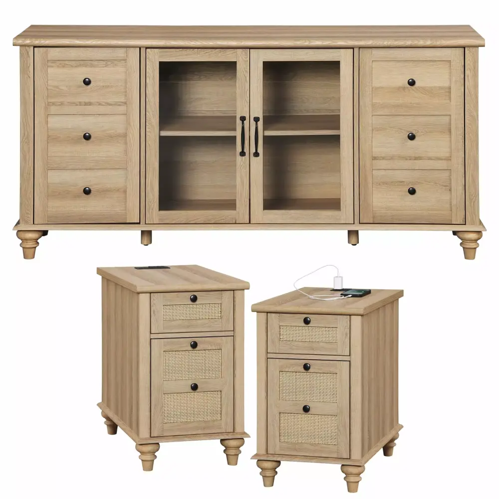 WAMPAT 3 Piece Modern TV Stand Set with Glass Door and 2 End Tables - Farmhouse Entertainment Center
