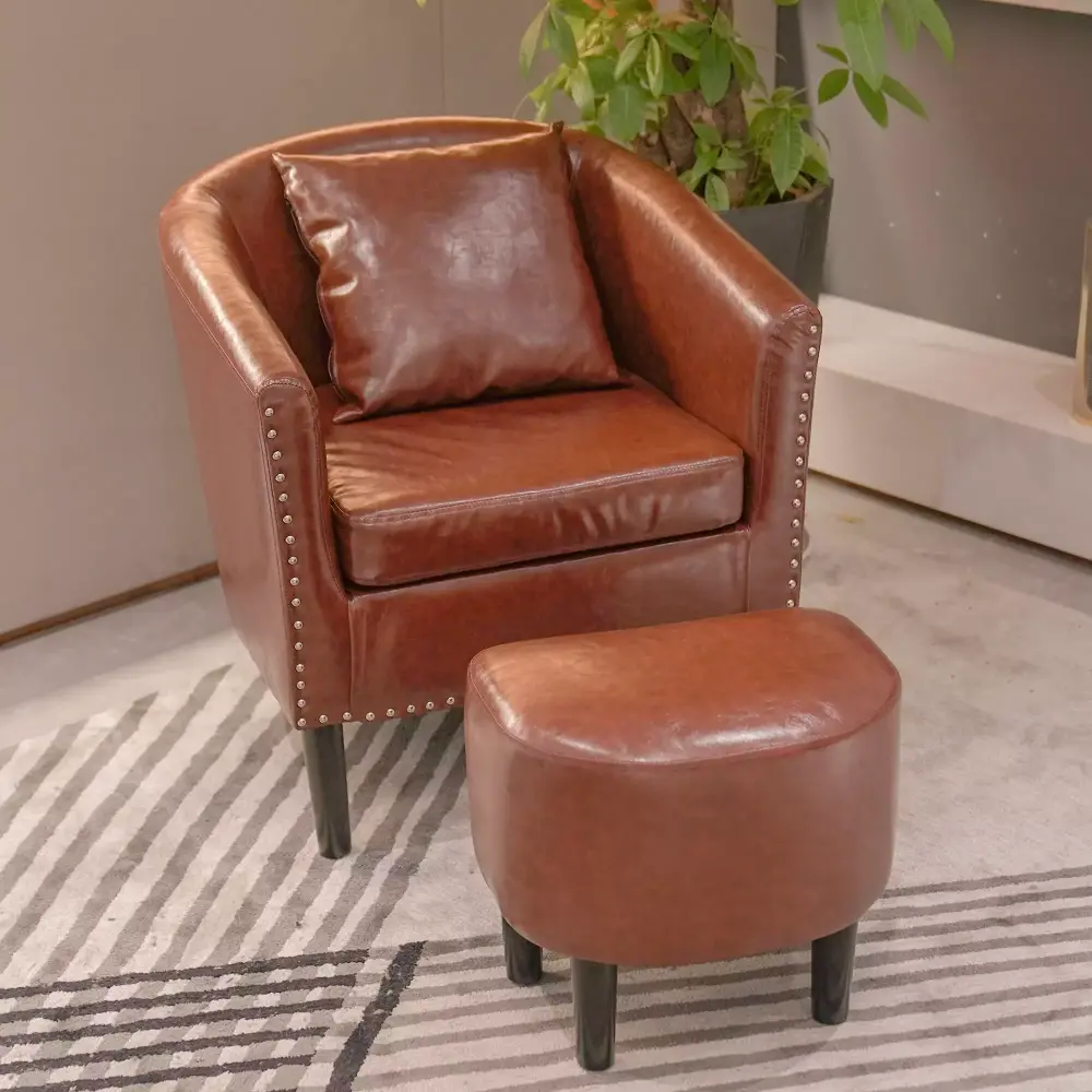 Faux Leather Modern Brown Club Chair with Ottoman and Pillow