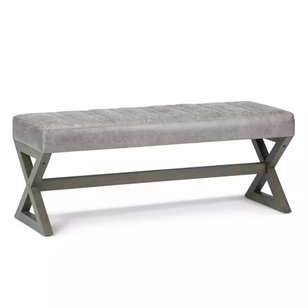 Trent Home 48 W Rubberwood Ottoman Bench in Distressed Gray Taupe Faux Leather
