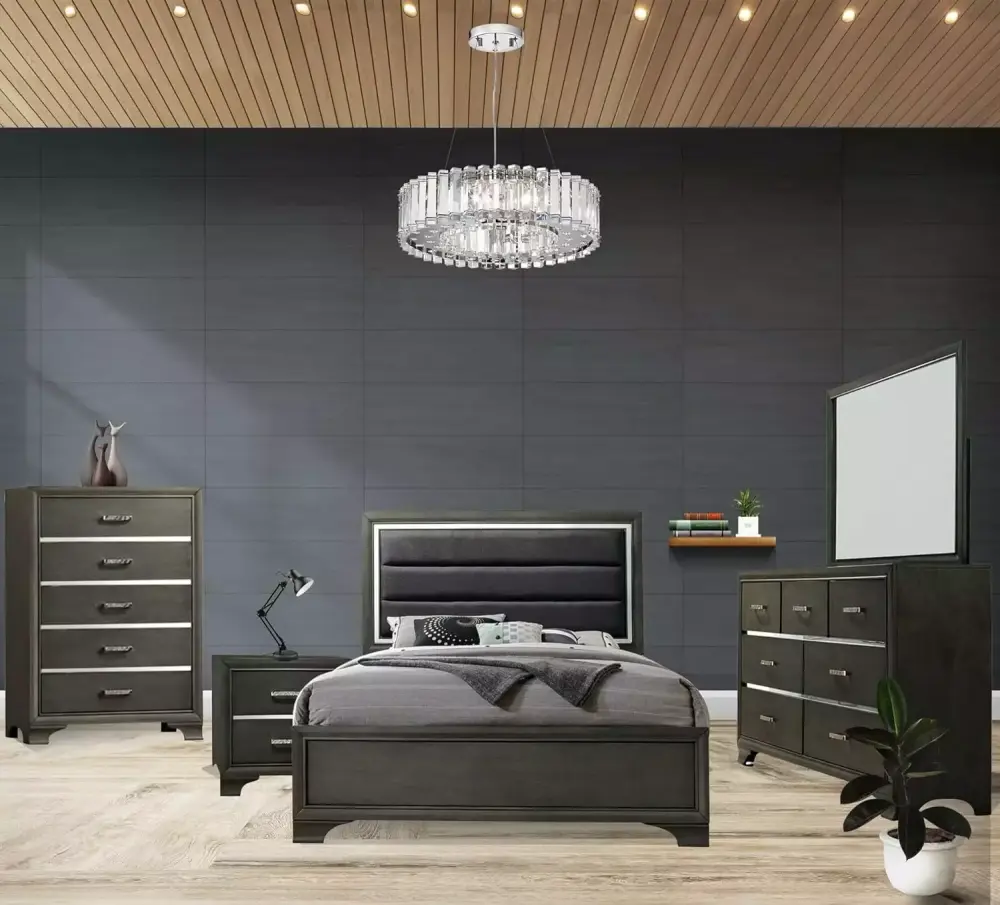 Kings Brand Furniture 5-Piece Gray Wood Queen Bedroom Set with Faux Leather Headboard