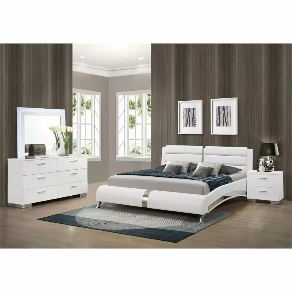 Pemberly Row 4-Piece Faux Leather Queen Bedroom Set in Glossy White Modern Style