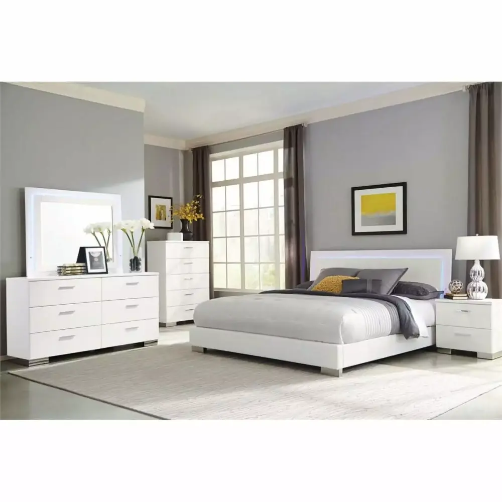 Pemberly Row 5-Piece Faux Leather Eastern King Bedroom Set in Glossy White Finish
