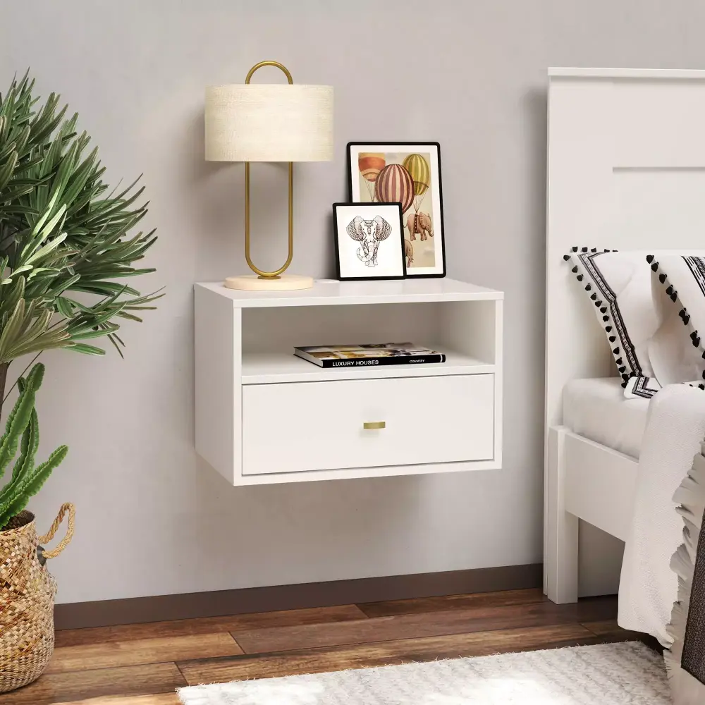 Prepac Floating Bedroom Modern 1-Drawer Nightstand with Open Shelf White