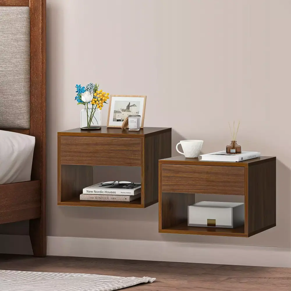 Resenkos Rustic Floating Nightstand Set of 2 Wood Wall Shelves for Bedroom Storage Walnut Brown