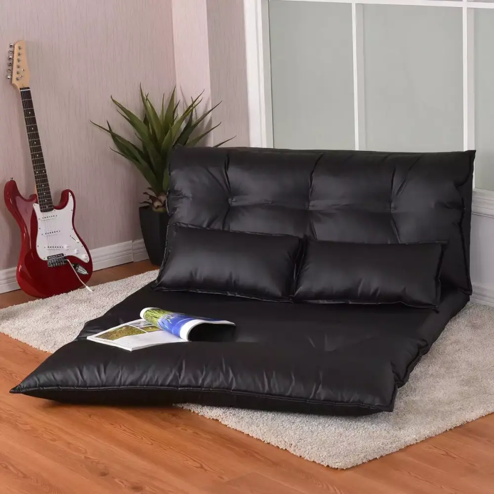 Costway PU Leather Foldable Modern Leisure Floor Sofa Bed with 2 Pillows Black