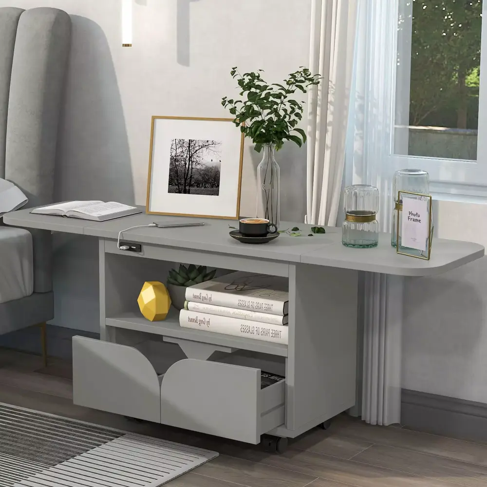 Foldable Nightstand with 2 Drawers USB Charging Design Gray