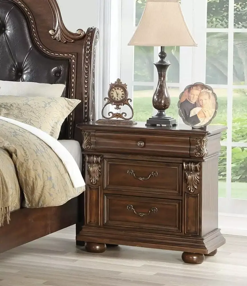 Royal Formal Timeless 6pc California King Bed Set Brown Cherry Dresser Mirror Nightstands Chest Tufted Headboard