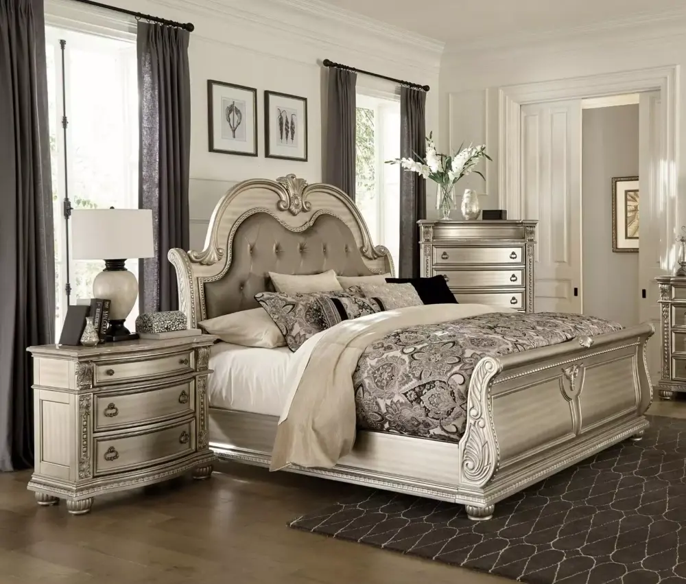 Traditional Formal 3-Piece California King Bedroom Set with Marble Top and Silver Finish