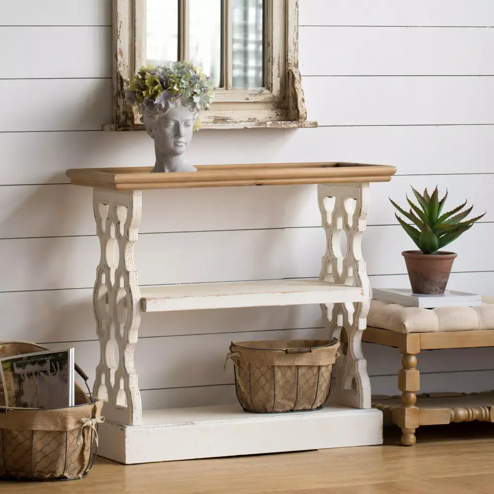 Royard Oaktree Distressed Console Table Vintage French Country Entryway Table with Wood Carvings